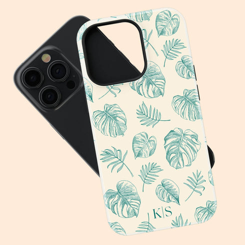 Custom Initials Tropical Monstera Leaves iPhone Case